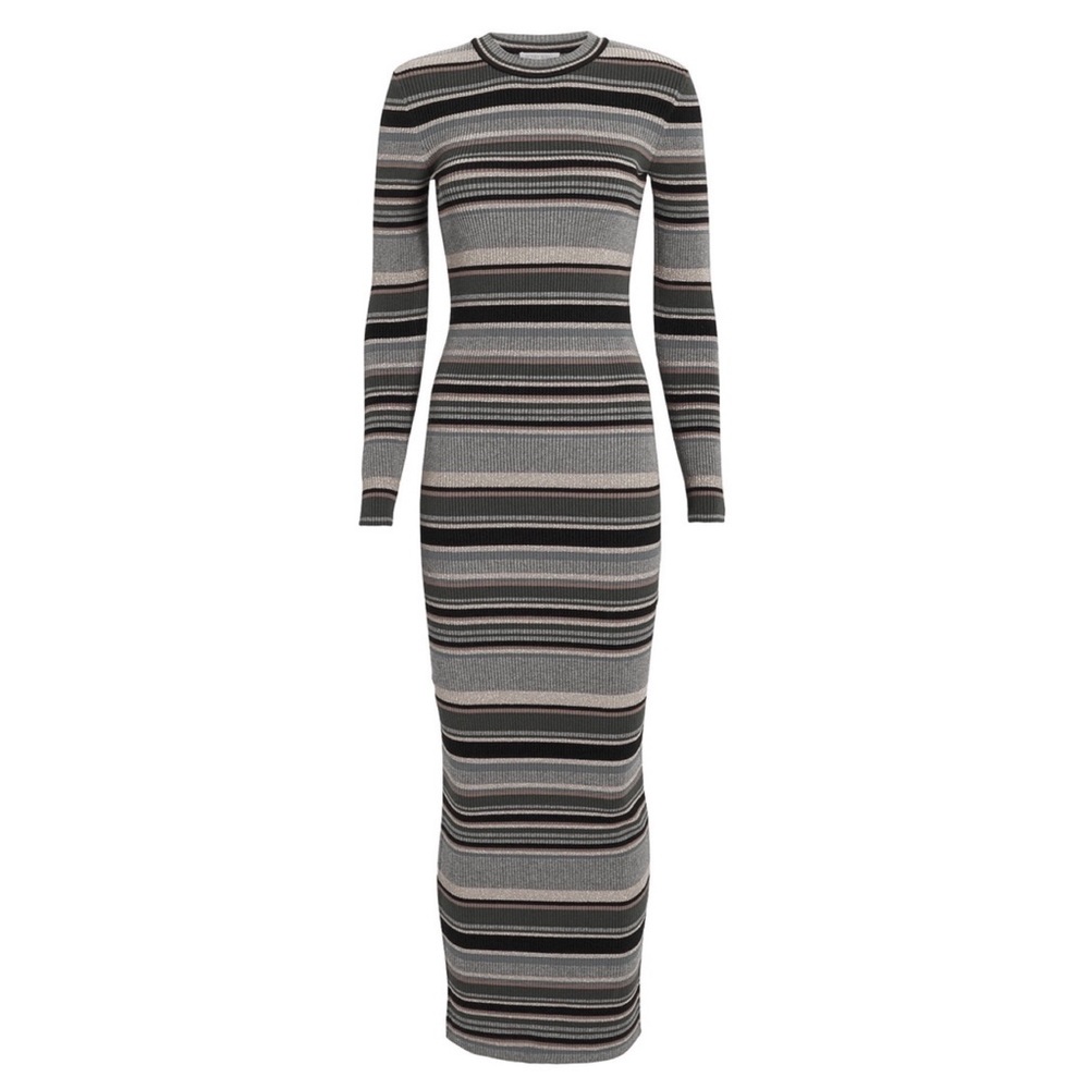 RONNY KOBO cream and black striped long sleeve fitted knit maxi dress M